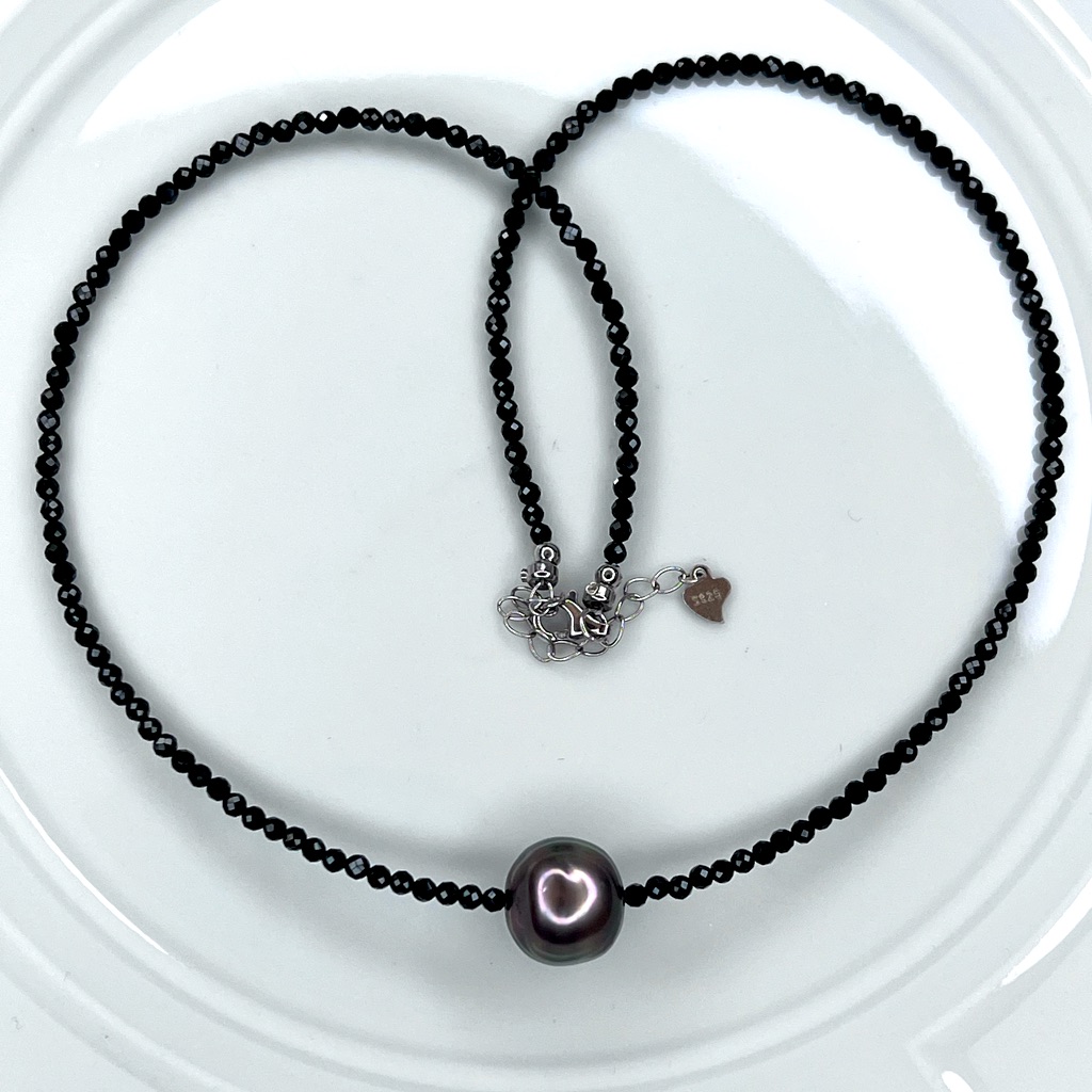 Handmade S925 Ss Tahitian Sea Pearl 12mm-13mm Spinel Necklace 16”-17.5”